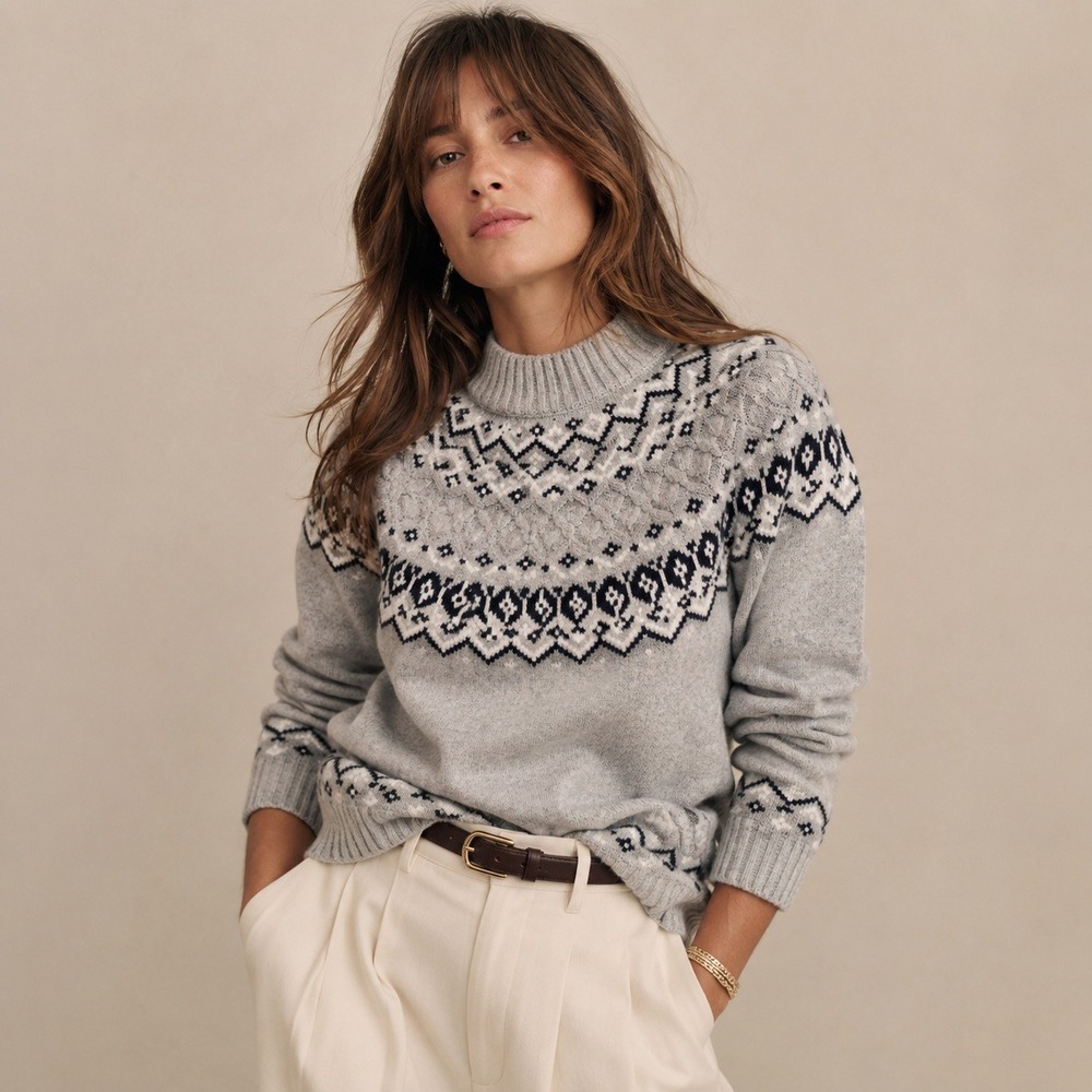 Lands' End Fair Isle Funnel Neck Sweater Gray Nordic Knit Sz S